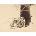 George Soper, "Feeding Horses" etching, 27cm x 33c