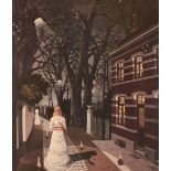 P Delvaux, coloured print of young girl in moonlit