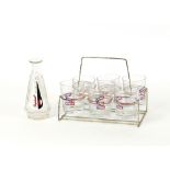 Six Cinzano glasses, in metal holder; and a French St. Raphael decanter