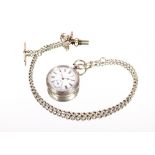 A silver pocket watch and chain, with attached T b