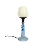 An Art Deco blue glass table lamp, the column deco