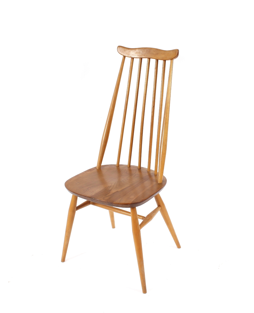 Four light Ercol stick back dining chairs, with sh