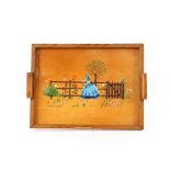 A wooden Art Deco tray, decorated with a garden sc