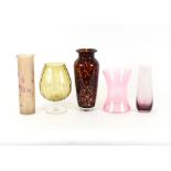 A brown mottled glass baluster vase; a pink tinted