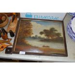 A framed oil on board depicting a river scene