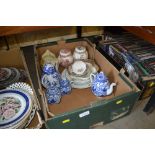 A box of various teaware and decorative plates, gi