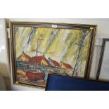 A framed oil of canvas depicting moored boats