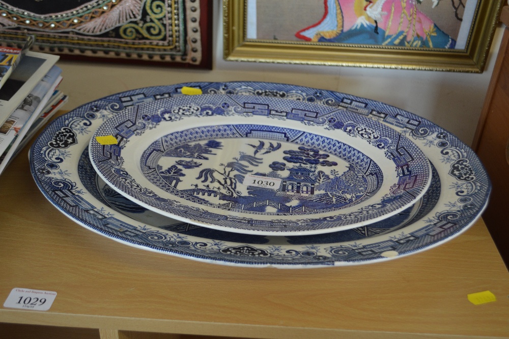 Two willow patterned meat plates