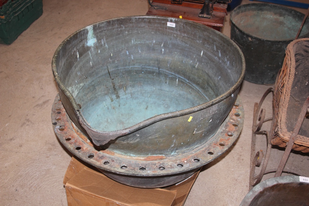 A large Scottish copper and cast iron mounted jam pouring cauld