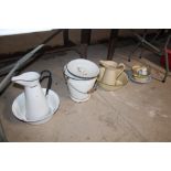 A quantity of enamel ware to include slops pail, j