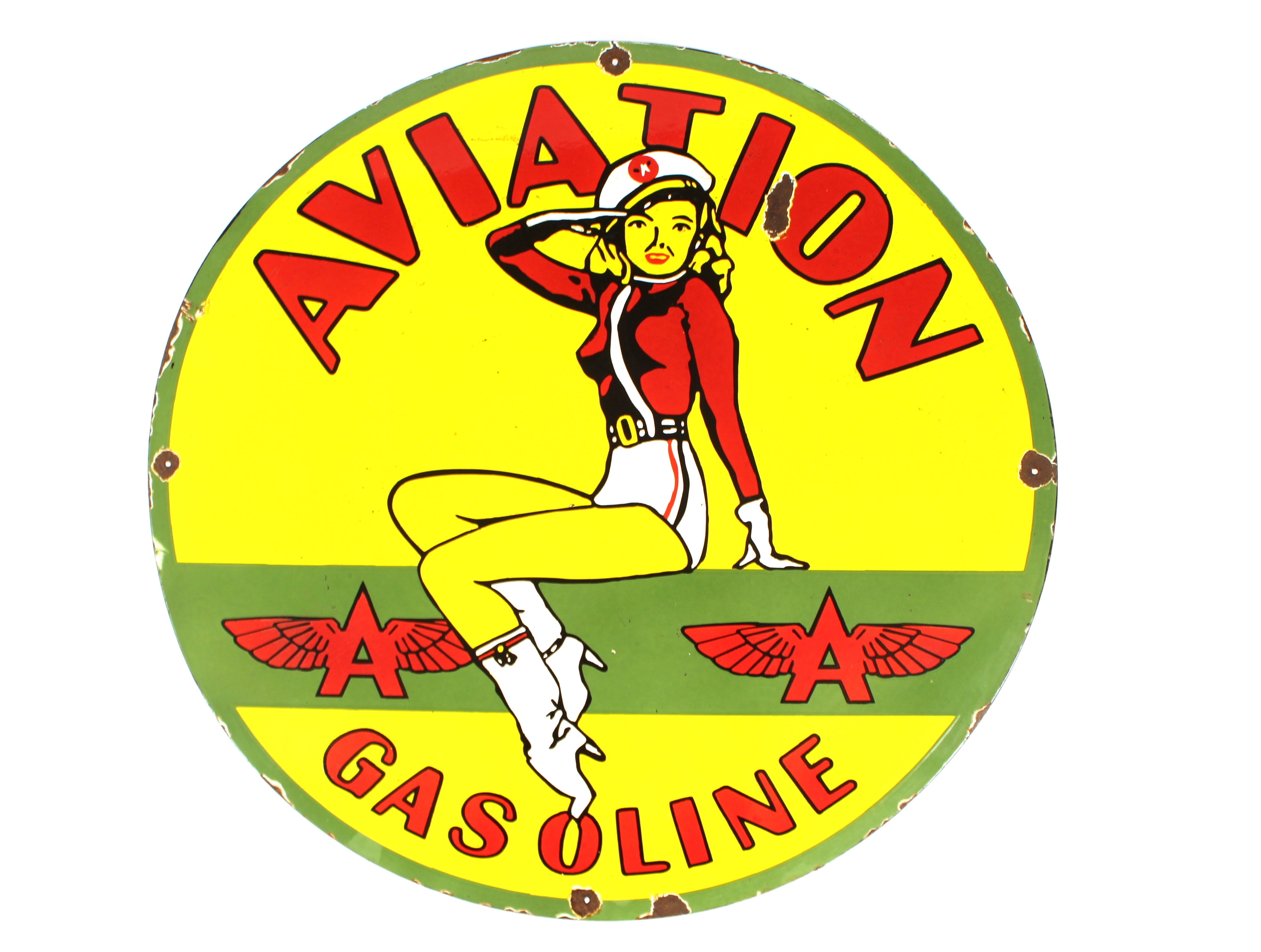 A circular enamel "Aviation Gasoline" advertising si