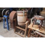 A vintage elm and coopered butter churn on stand w