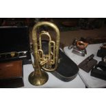 A brass tenor horn with case - (no mouthpiece)