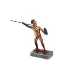 After the Antique, a bronzed figure of a Spartan warrior, with spear and shield on rectangular