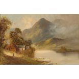 W. Richards, study of a highland loch scene with crofters cottage and figure on the fore shore,