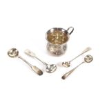 A small silver baluster tankard, 4.5cm high and four various silver condiment spoons