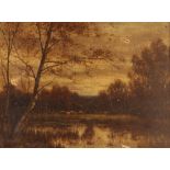 19th Century school, study of cattle grazing by a river at sunset, indistinctly signed oil on