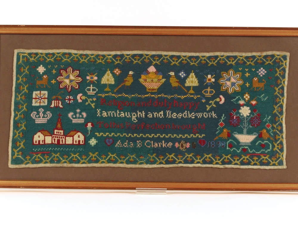 A 19th Century sampler, worked by Ada B. Clarke 1898, decorated with animals, birds, flowers, - Bild 2 aus 2