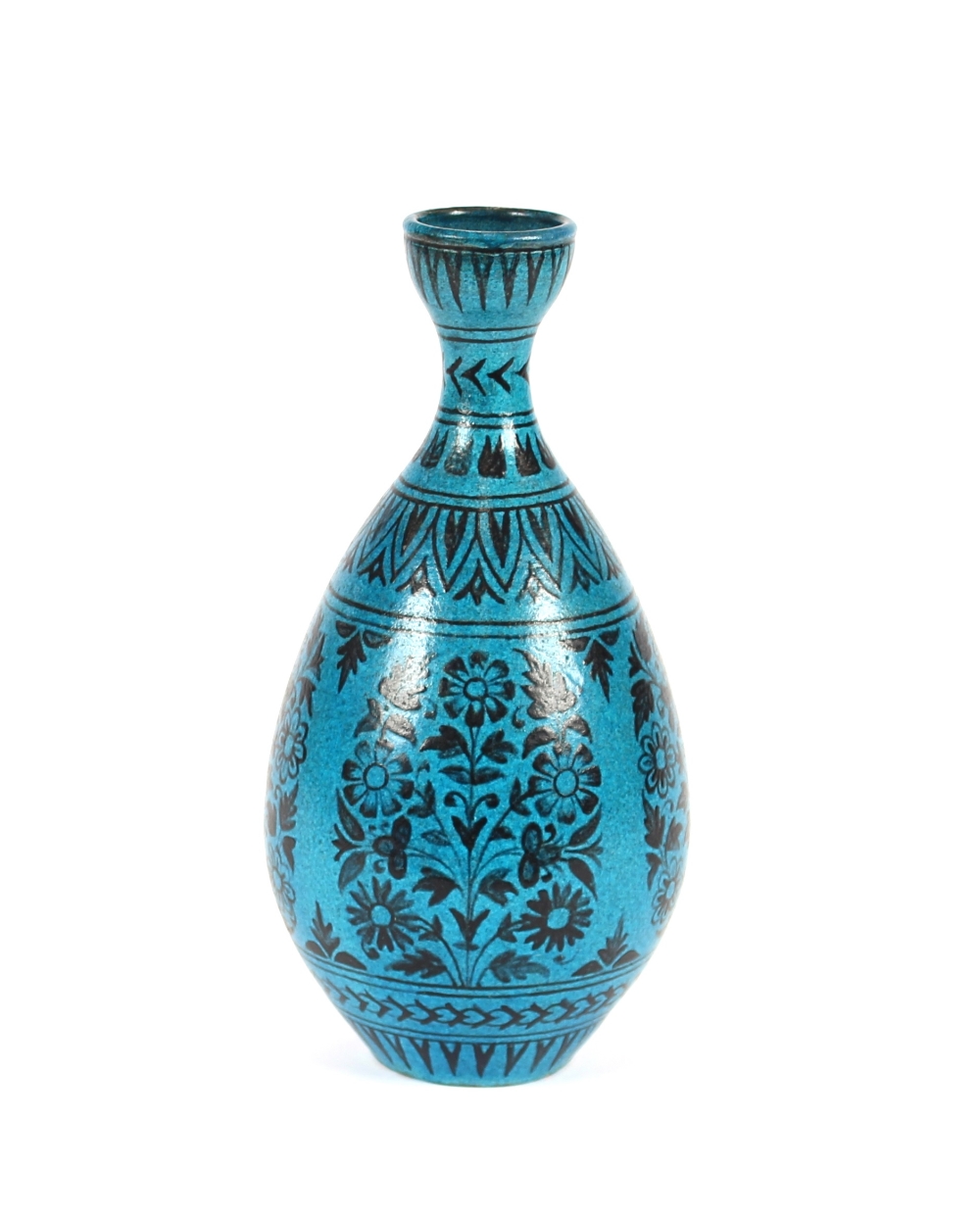 An Islamic earthenware vase, of slender baluster form, the blue ground painted with black flowers