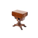 A William IV rosewood drop leaf sewing table, fitted two short drawers and pull-out silks well,