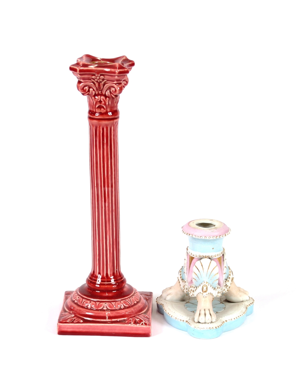 A Burmantofts pink glazed Corinthian column candlestick, 28cm high; and a small KPM porcelain