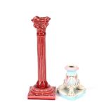 A Burmantofts pink glazed Corinthian column candlestick, 28cm high; and a small KPM porcelain