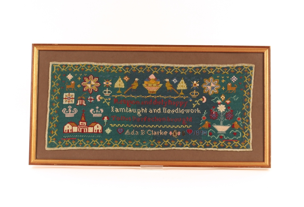 A 19th Century sampler, worked by Ada B. Clarke 1898, decorated with animals, birds, flowers,