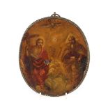 A 17th Century oval double sided allegorical painting on copper, 16.5cm x 17cm overall