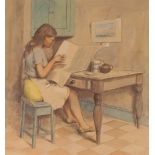 James Govier, study of a girl reading at tea break, pen, ink and watercolour, 37.1cm x 34.8cm, see