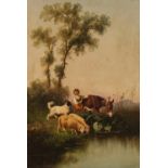 Italian school, 19th Century shepherdess and sheep, dog and donkey by a pool, oil on canvas 47cmx