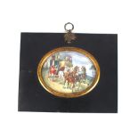 A miniature painting, depicting coach and horses with passengers at speed, unsigned watercolour,