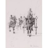 Peter Jamieson, born 1945, study of carriage driving, signed charcoal drawing, 40cm x 30cm