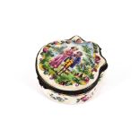A French porcelain patchbox and cover, the lid decorated with romantic couple in a garden with
