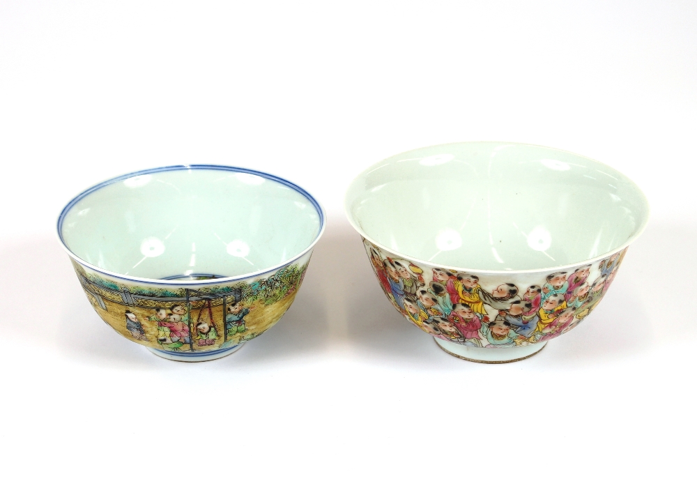 Two 20th Century Chinese porcelain bowls, one decorated with children at play, blue seal mark to