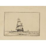 A pair of small pencil signed etchings, by Cuthbertson of shipping scenes