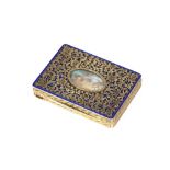 A 19th Century continental yellow metal hinged box, the lid with filigree work and enamel