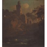 19th Century school, study of a castle ruin with river and woodland nearby, unsigned oil on board,