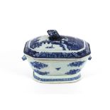A 19th Century blue and white Canton tureen, the lid decorated with pagodas and river scene
