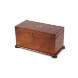 A 19th Century mahogany tea caddy, fitted canisters with sliding lids, central glass mixing bowl