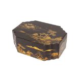 A 19th Century Chinese lacquered puzzle box, the outer case and lid decorated river scenes in