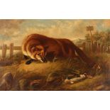 K. Palmer, 19th Century study of a fox approaching a baited trap, signed oil on canvas, dated