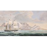 After Thomas Whitcombe, Naval ships off Cape Town with Table Mountain, watercolour, 34cm x 65cm