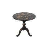 A lacquered and bone inlaid circular occasional table, raised on a baluster turned column and tripod