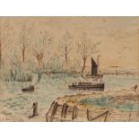 A.J. Munnings, study of boats and figures on a lake, watercolour, bears pencil signature, 17cm x