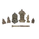 Five various Indian bronze figures of gods and deities; and an ethnic bronze knife with stylised