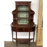 An Edwardian mahogany and satin wood banded cabinet on stand, the upper section fitted shelves