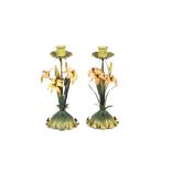 A pair of Toleware type candlesticks, with metalwork entwined lily flowers and leaves, 24.5cm high