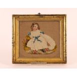 A small woolwork embroidery, depicting an infant child, 14.5cm x 17cm