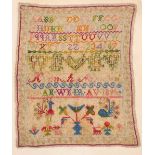 An unframed sampler, worked by Hannah Norrie, 12 years old in 1890, 34cm x 29cm