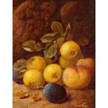 Vincent Clare 1855 -1930, still life if fruit on a mossy bank, signed oil on canvas 22cm x 17cm
